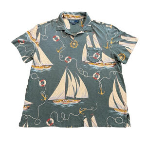 VTG Polo Ralph Lauren Shirt Mens XL Green Sailboat AOP 90s Mac Miller Nautical